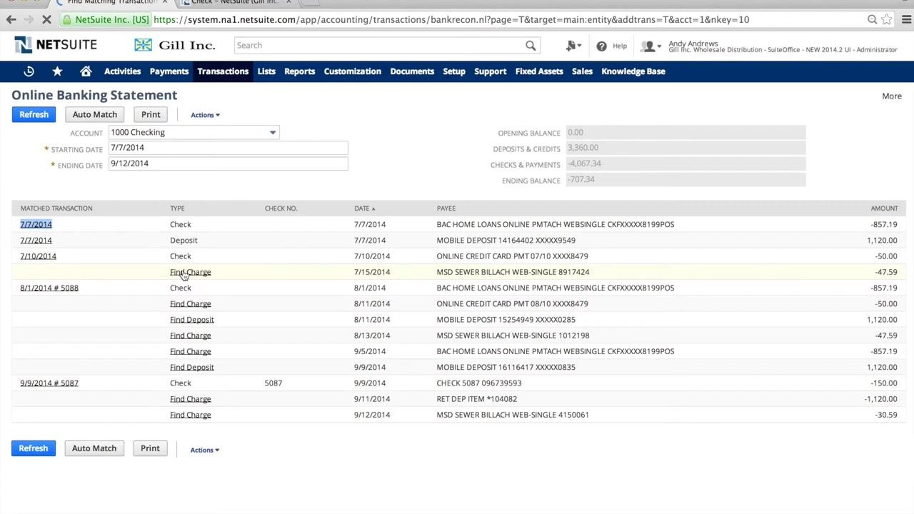 Online Banking Statement page with the Find Charge link highlighted next to an unmatched transaction