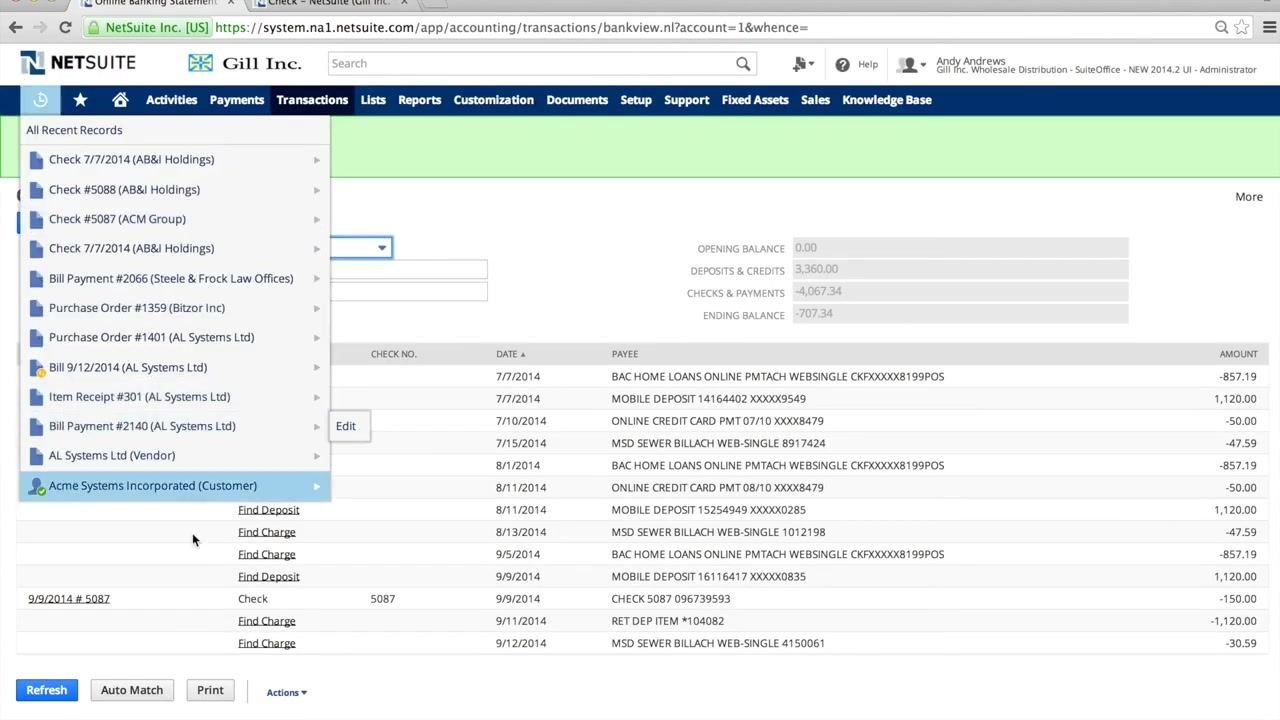Find Matching Transactions screen with the account dropdown open, 1300 Prepaid Expenses selected, and the Add button highlighted