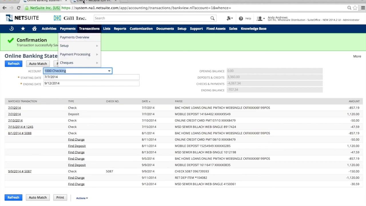 Online Banking Statement page with the Payments > Payments Overview menu open and the confirmation banner visible
