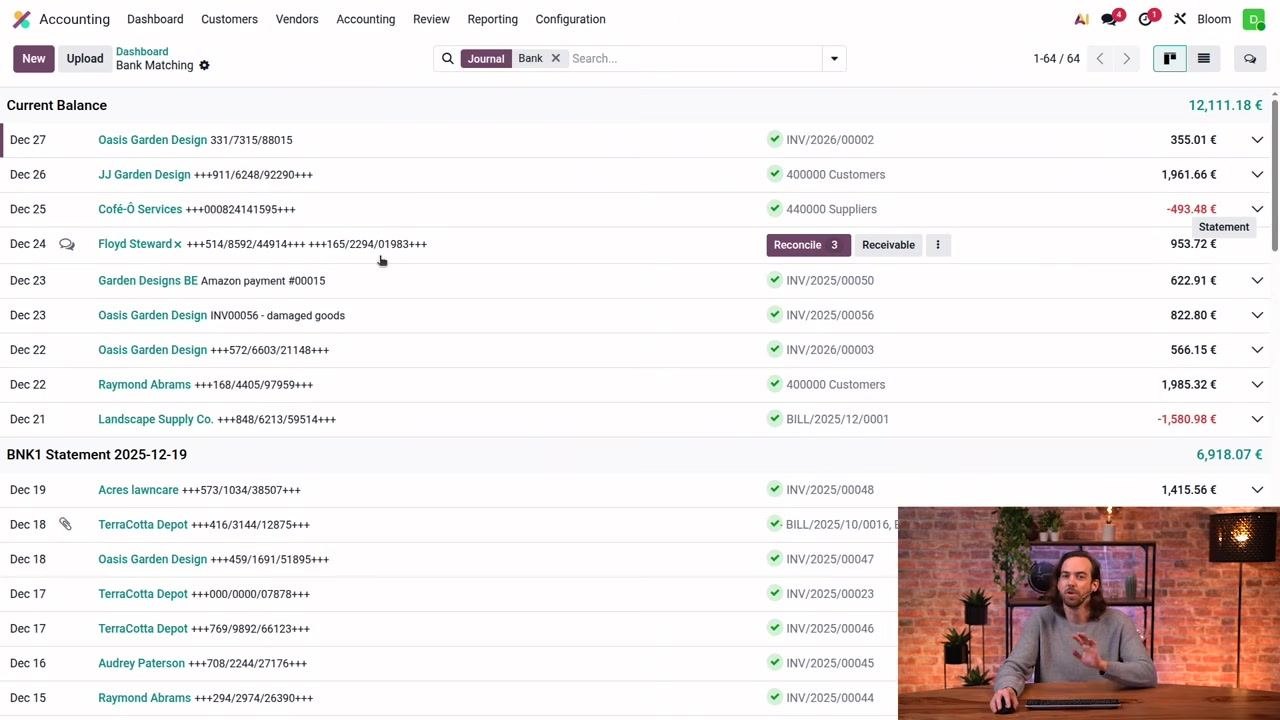 Accounting dashboard with transaction list, the "Floyd Steward x" entry highlighted, and the Reconcile button visible