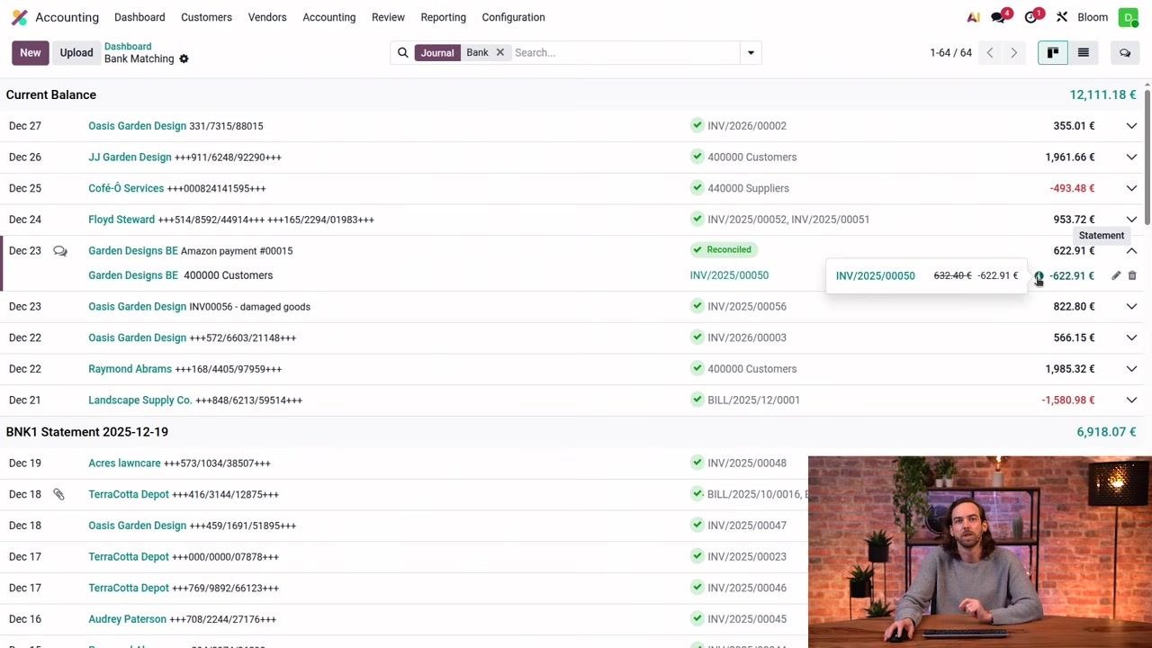 Reconciled transaction highlighted, with a tooltip showing invoice details and amounts