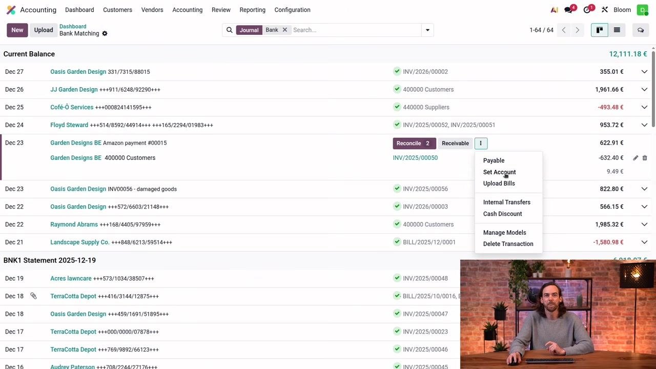 Dropdown menu open, ready to select "Set Account" for categorizing the transaction