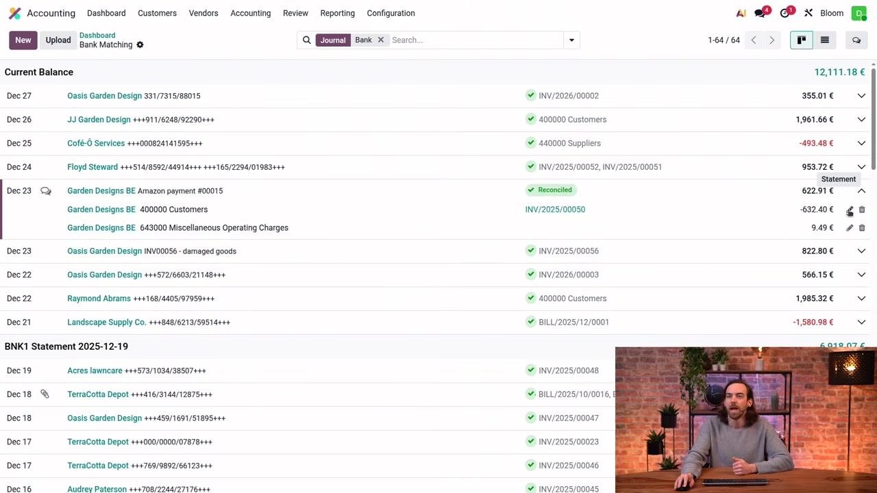 Accounting dashboard with a transaction expanded and the pencil icon visible for editing a match