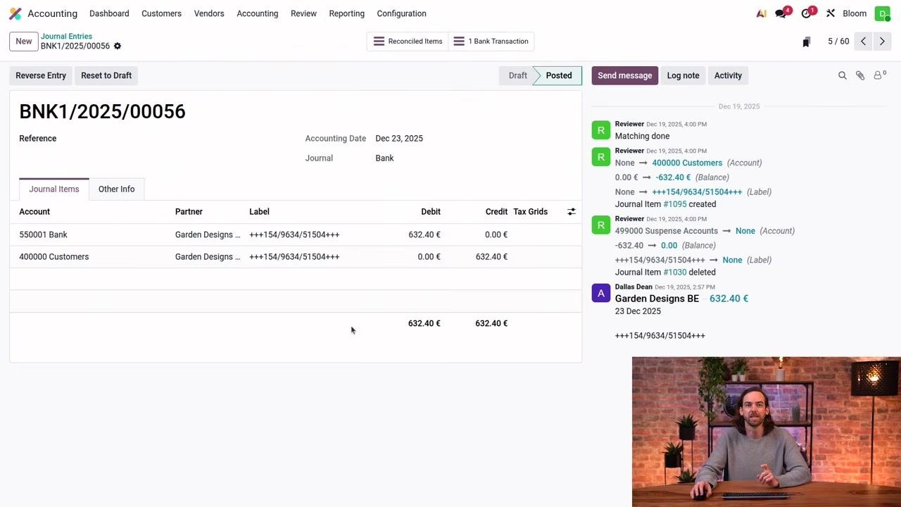 Reconciled journal entry showing bank and customer accounts, with reconciliation details and the smart button