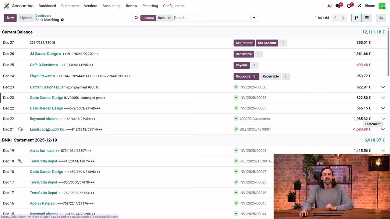 Odoo Accounting dashboard with the Bank section, showing the Transactions and "4 to reconcile" buttons