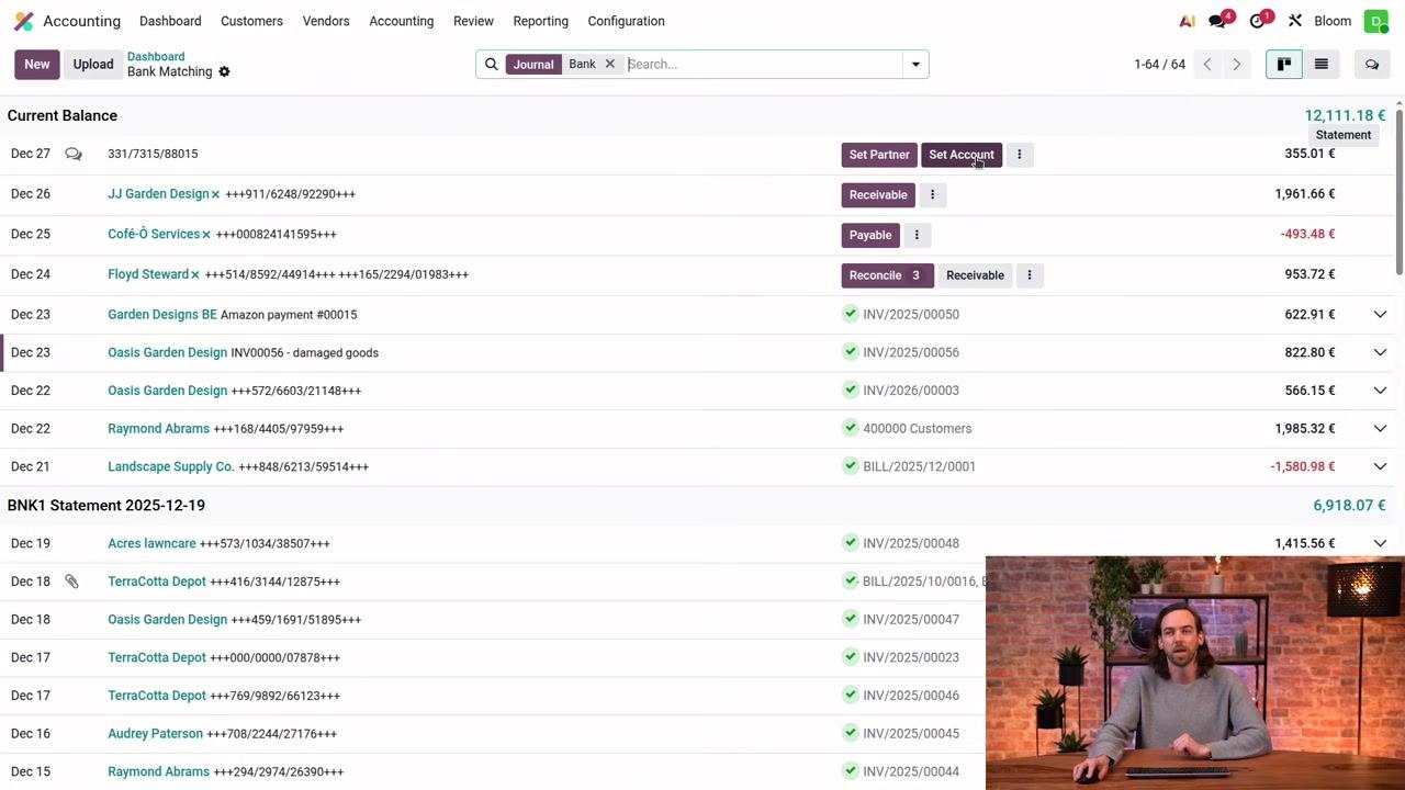 Odoo Bank Matching screen with the cursor over the "Set Account" button, showing suggested reconciliation actions
