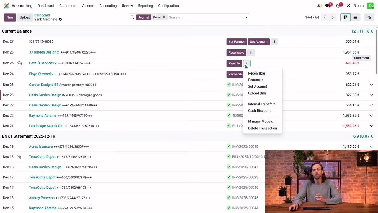 Odoo Bank Matching screen with the vertical ellipsis menu open, displaying the full list of reconciliation actions