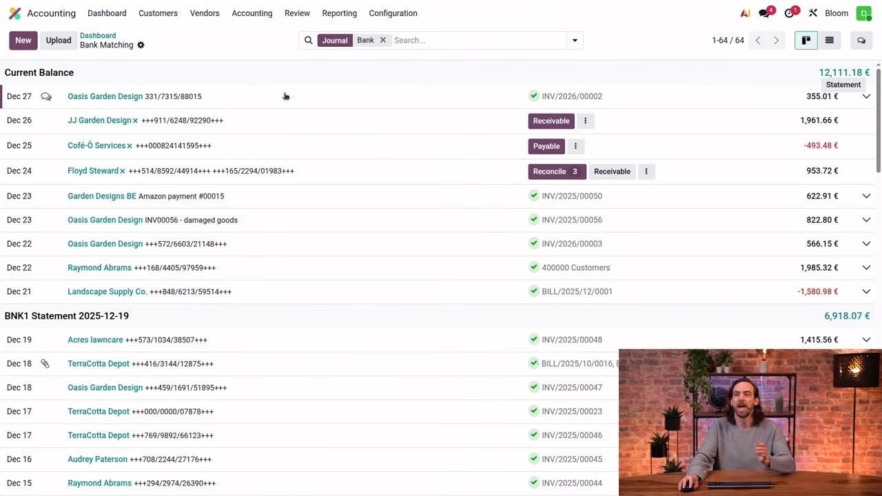 Odoo Bank Matching screen with the "Set Partner" button and a search for "Oasis Garden Design," showing an automatic invoice match
