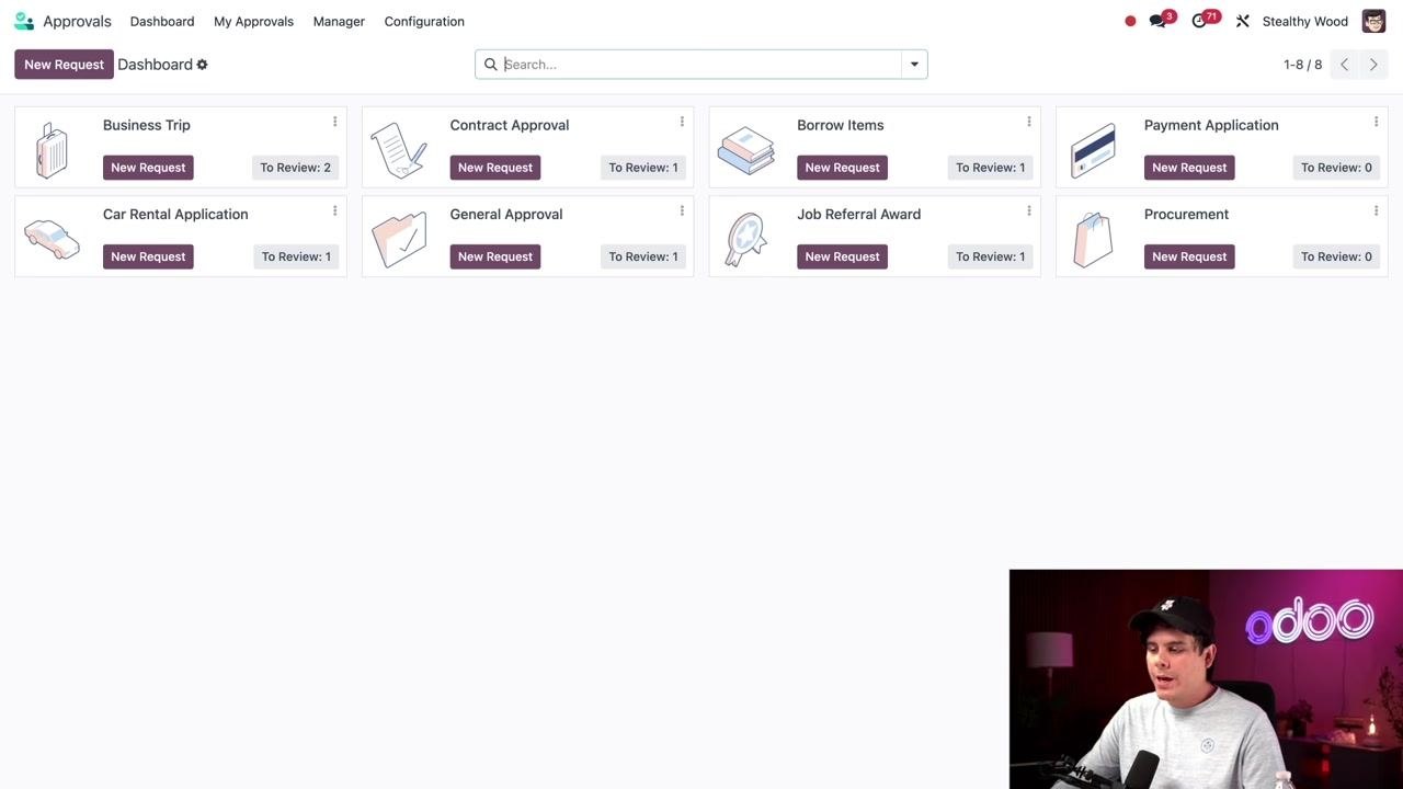 Odoo Approvals dashboard showing categories, new request buttons, and pending review counts