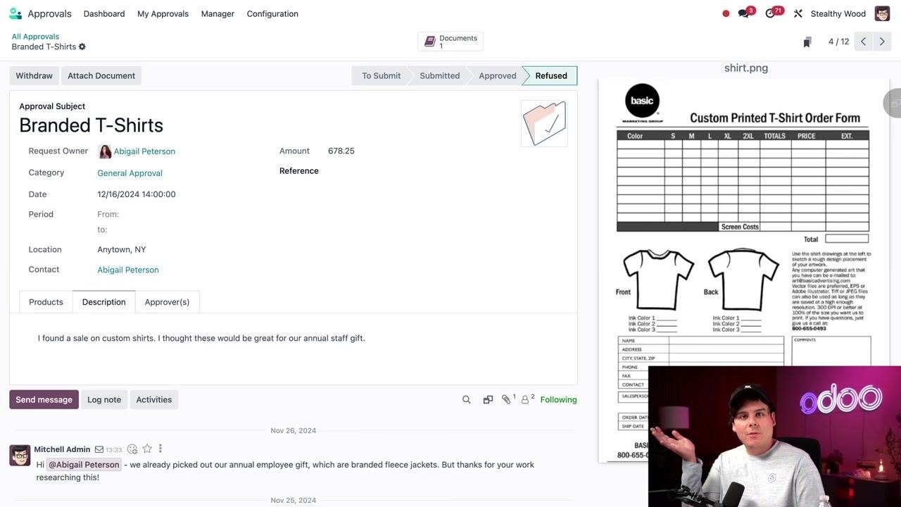 Approval request details with Chatter and description tab visible, showing full decision history