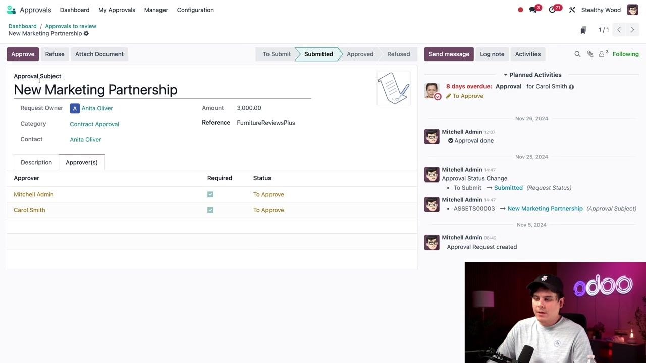 Approval request details with approvers tab showing required approvers and their statuses