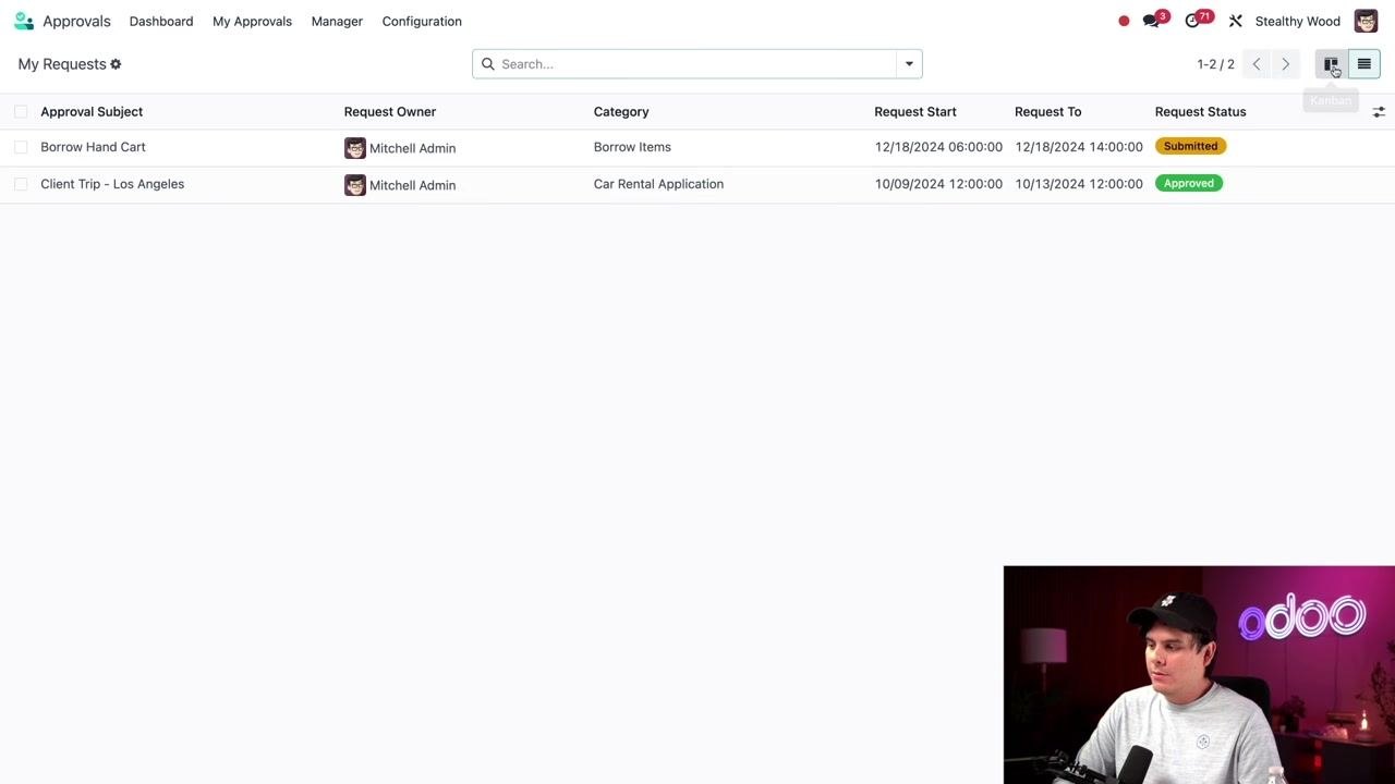 Odoo Approvals - My Requests in List view showing request subjects, owners, categories, dates, and statuses
