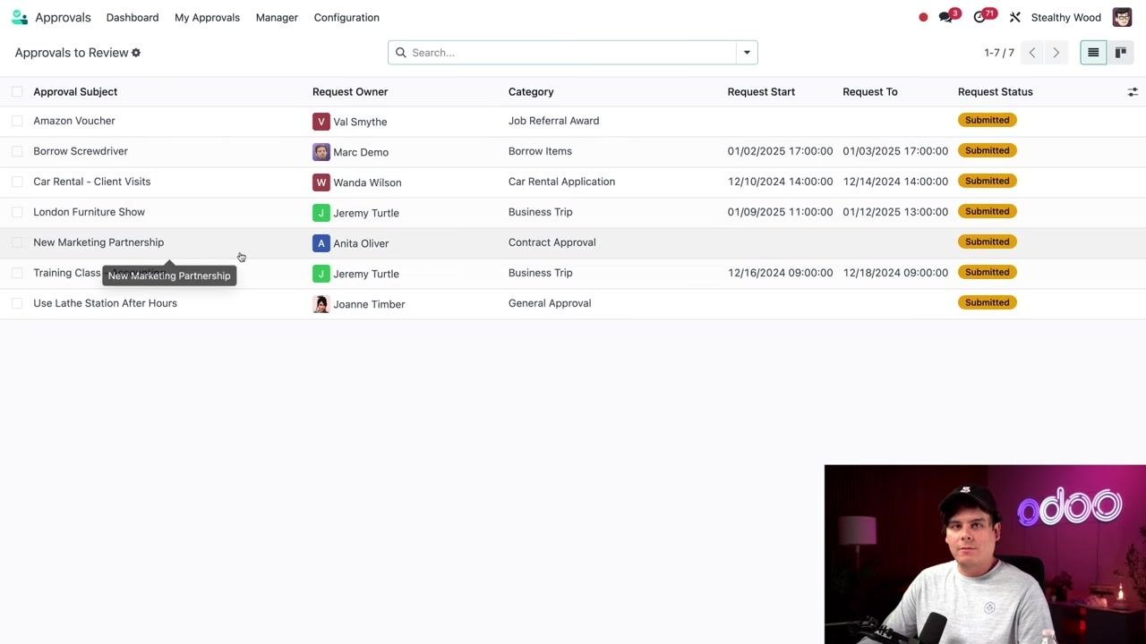Odoo Approvals - My Requests in Kanban view grouped by status