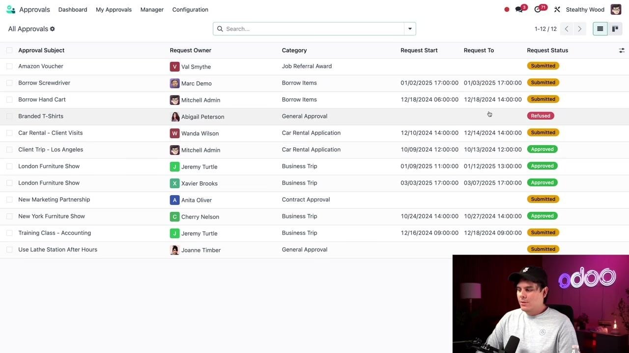 Odoo Approvals - All Approvals list with 'Branded T-Shirts' by Abigail Peterson highlighted as Refused