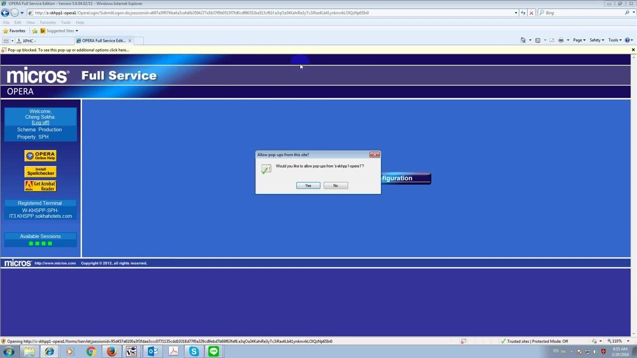 Dialog box asking whether to allow pop-ups from the site, with Yes and No options. The OPERA Full Service Edition main screen is visible in the background.