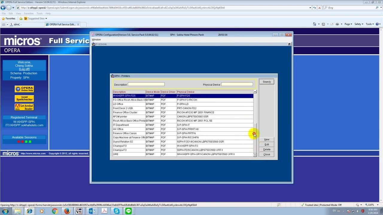 Printers window showing a list of printers, device modes, drivers, and physical devices, with the list being scrolled.