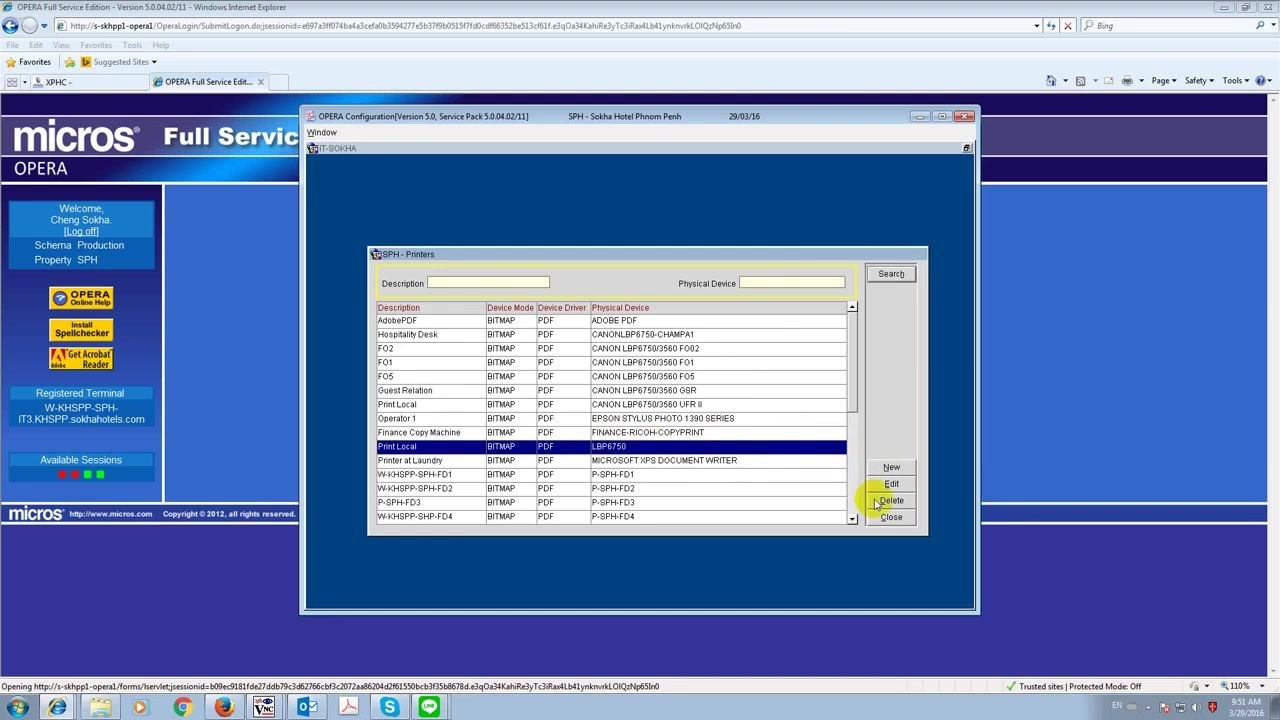 Printer configuration window with "Print Local" selected and the cursor over the Delete button.