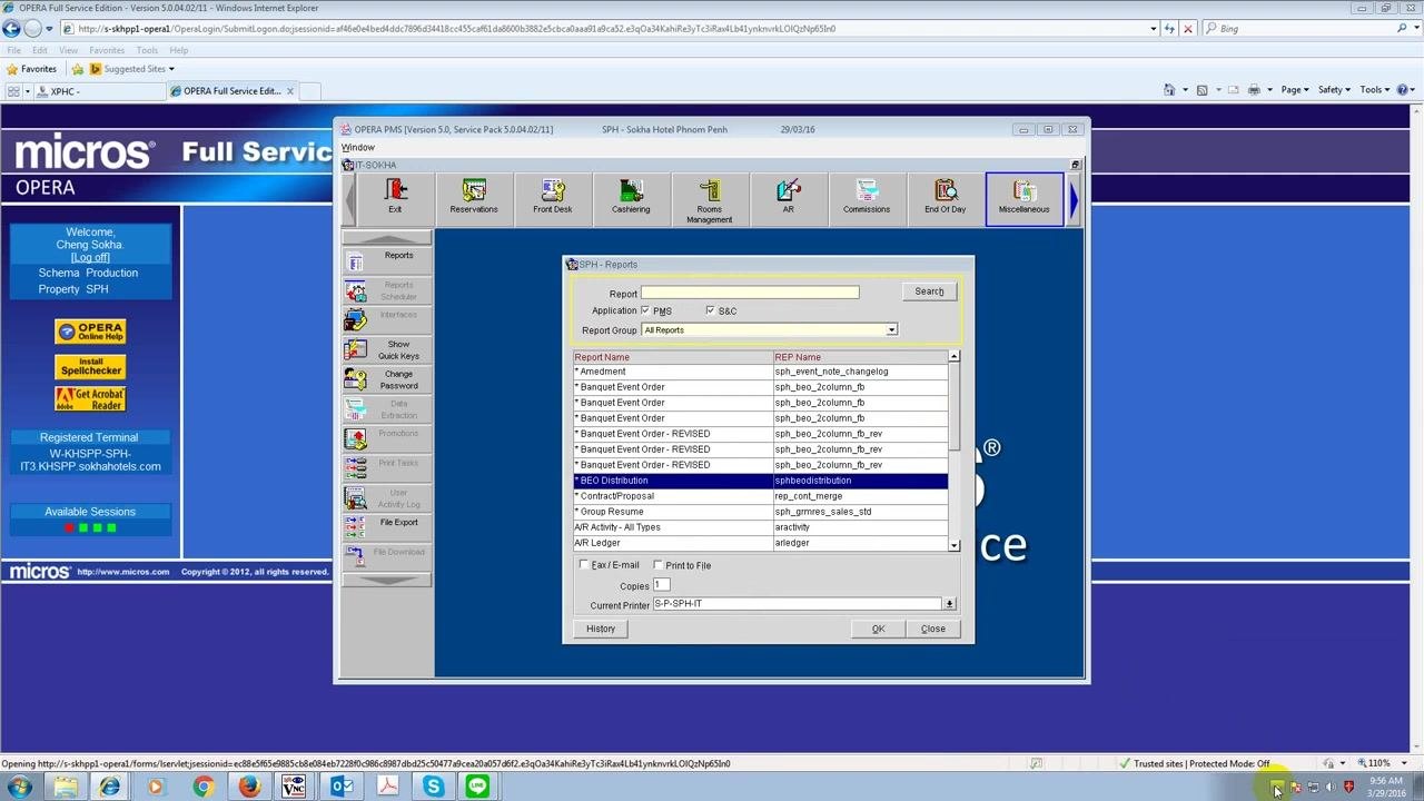 Reports window showing a list of available reports, with "BEO Distribution" selected.