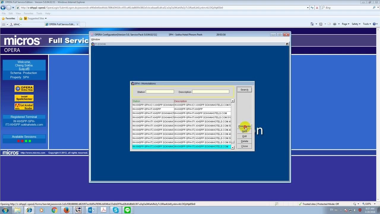OPERA Configuration window with the Setup menu expanded and the Workstations option highlighted.