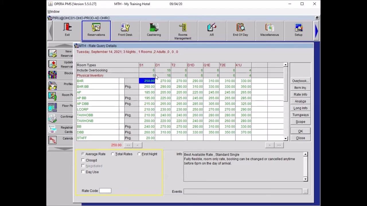Opera PMS Rate Query Details grid with the BAR rate code selected for S1, and the Info box showing the description for Standard Single