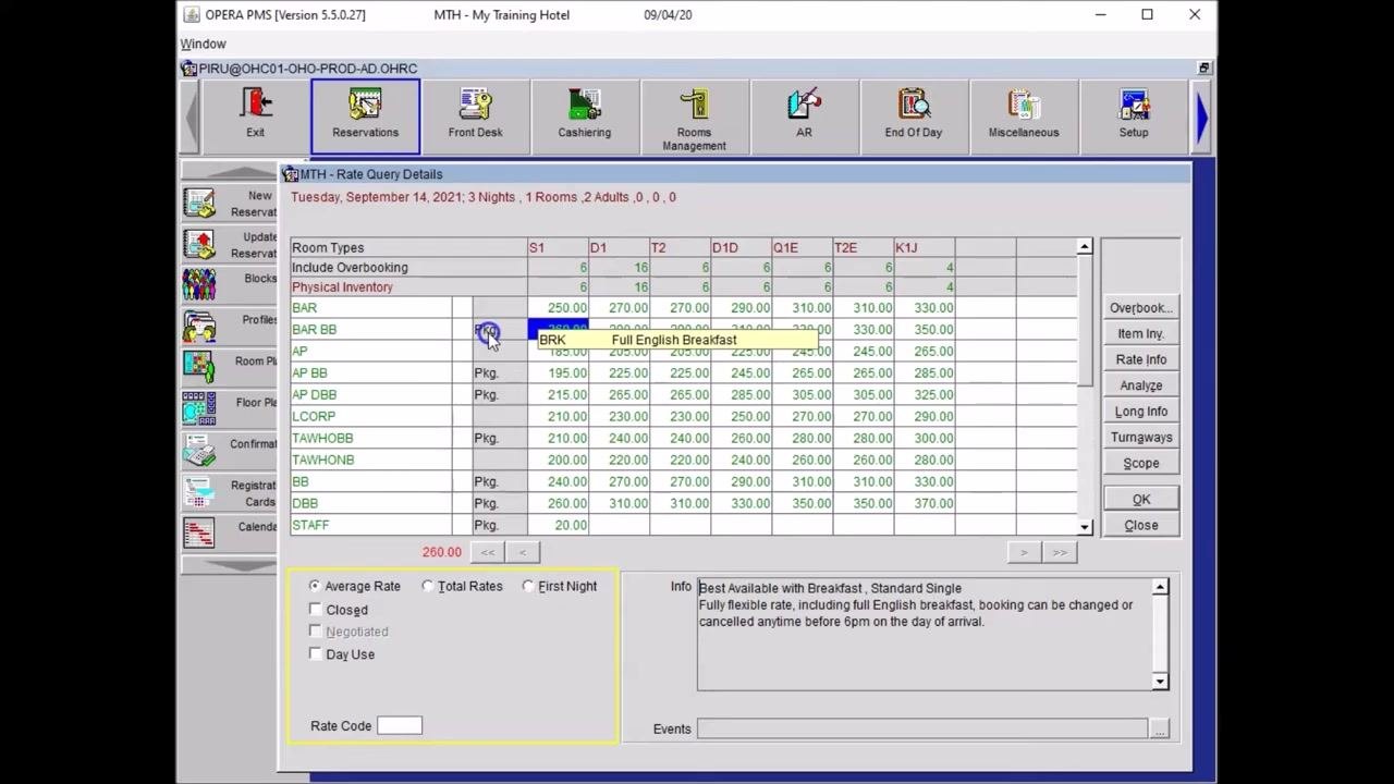 Opera PMS Rate Query Details grid with the BAR BB rate code selected and the Info box showing breakfast package details