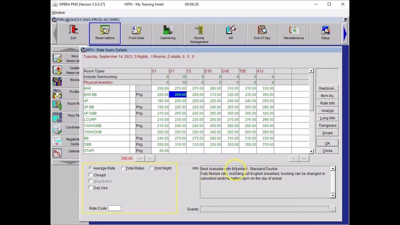 Opera PMS Rate Query Details grid with BAR BB and D1 selected, and the Info box showing Standard Double with breakfast