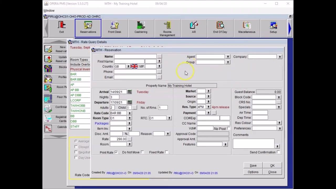 Opera PMS Reservation Mask window with guest, company, and reservation details fields visible