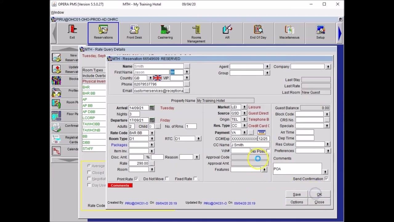 Opera PMS reservation form with all mandatory fields (bold) filled: Name (Smith), First Name (Jason), Title (Mr), Country (GB), Phone (02079537796), Email (customerservices@receptionacademy.com), and other reservation details, with the cursor near the OK button