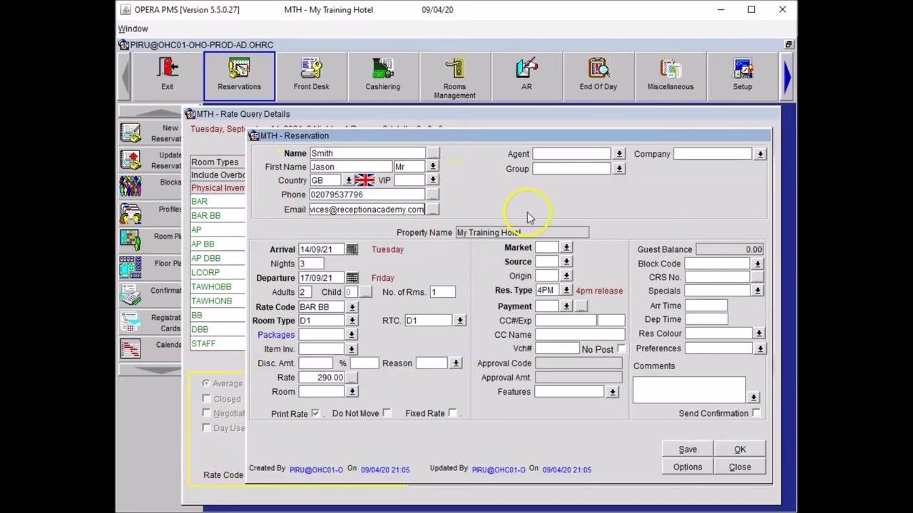 Reservation form with guest details completed and the cursor moving to the next column containing Market, Source, Origin, Reservation Type, and Payment fields