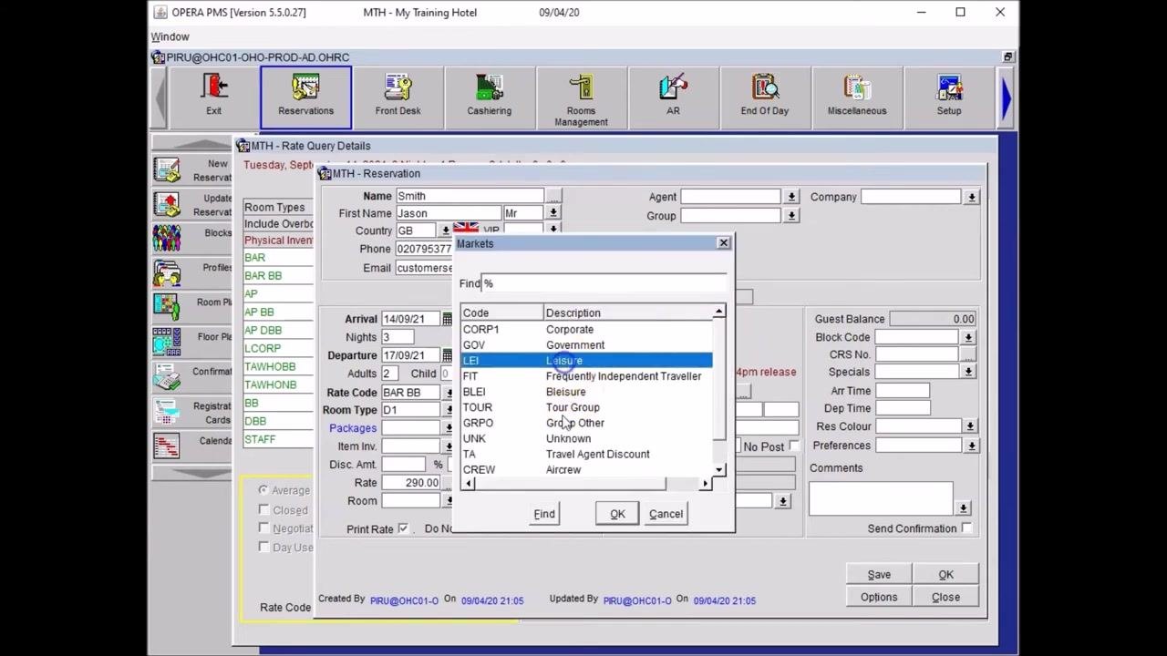 Markets selection window open, with options like Corporate, Government, Leisure, FIT, and Tour Group, with "Leisure" highlighted