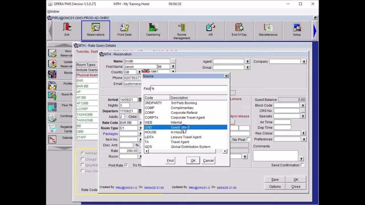 Source selection window open, with options like 3rd Party Booking, Complimentary, Guest Direct, In House, and Travel Agent, with "Guest Direct" highlighted