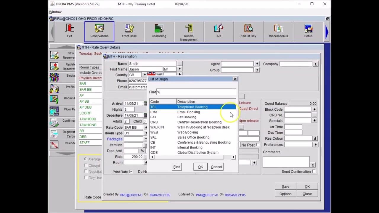 List of Origin window open, with options like Telephone Booking, Email Booking, Fax Booking, Walk In Booking, and Web Booking, with "Telephone Booking" highlighted