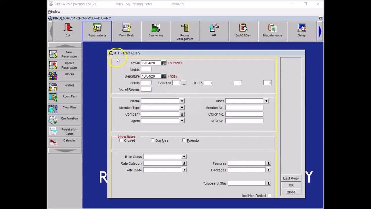 Opera PMS Rate Query panel with fields for Arrival, Nights, Departure, Adults, Children, and No. of Rooms