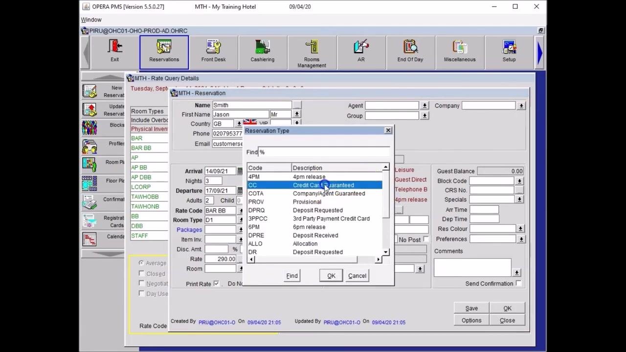 Reservation Type selection window open, with options like 4pm release, Credit Card Guaranteed, Company/Agent Guaranteed, and Provisional, with "Credit Card Guaranteed" highlighted