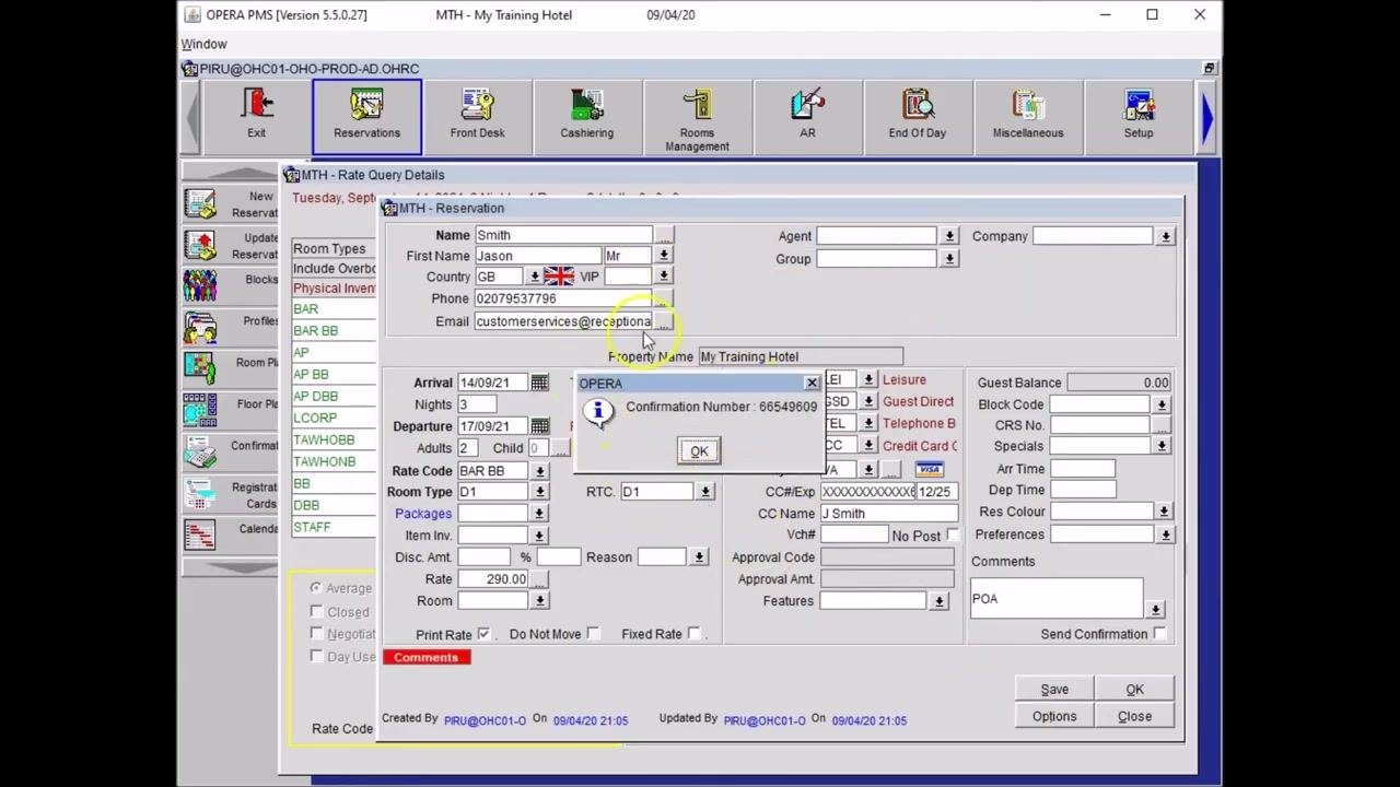 Opera PMS pop-up window displaying Confirmation Number: 66549609, with the OK button highlighted