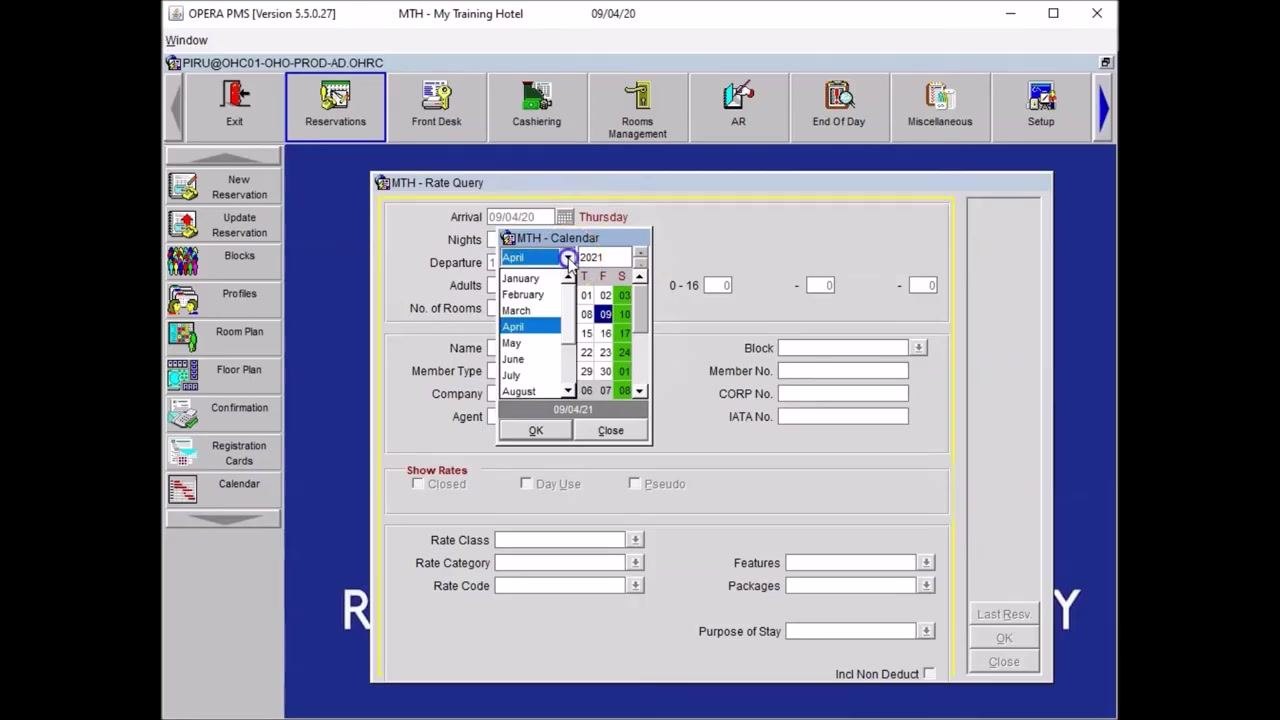 Opera PMS calendar selector with the year set to 2021 and the month dropdown open, September highlighted
