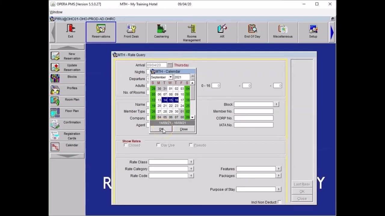 Opera PMS Rate Query panel with the calendar shown, cursor on the OK button, and dates 14/09/21 to 16/09/21 selected