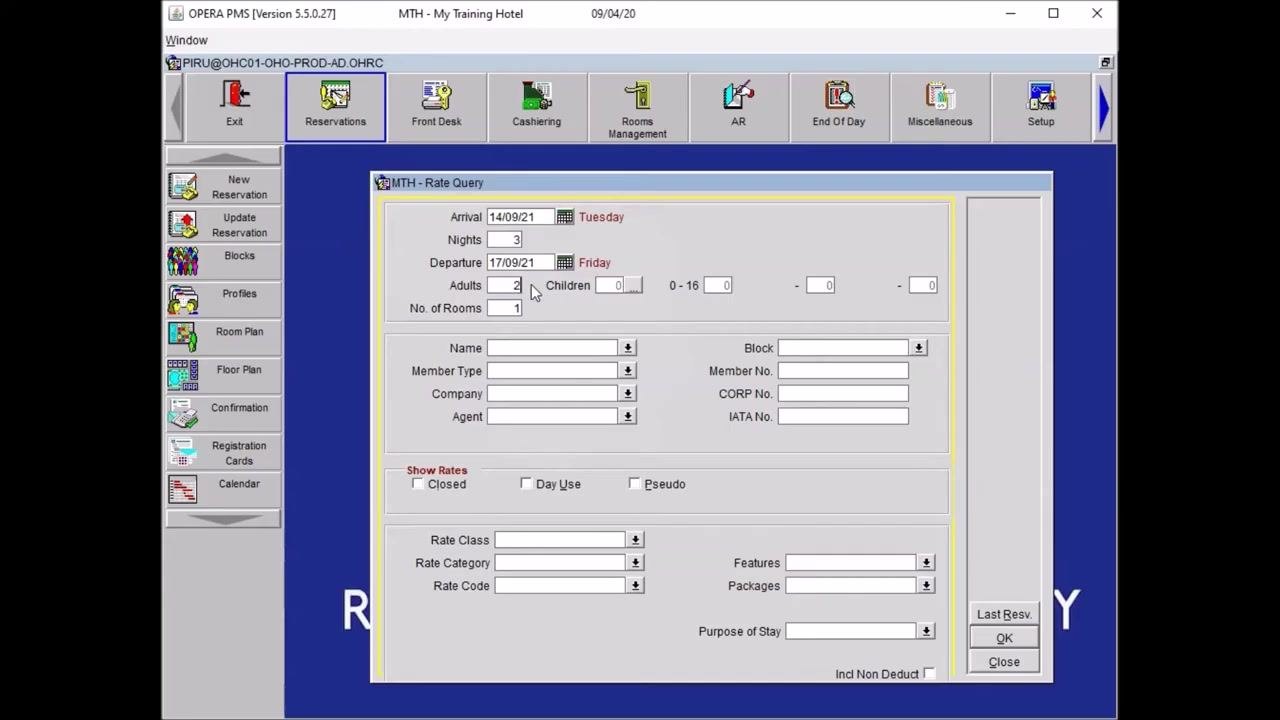 Opera PMS Rate Query panel with Adults set to 2, Nights set to 3, and the cursor near the Children field