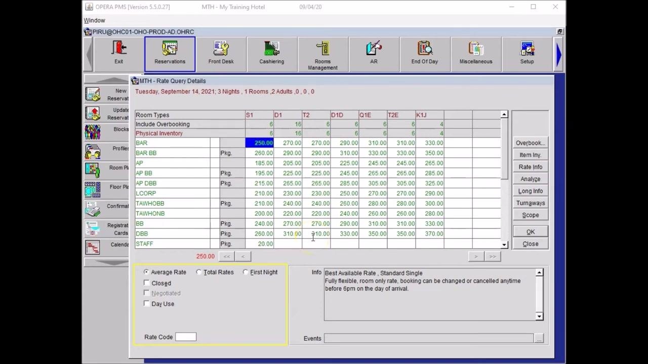 Opera PMS Rate Query panel with all fields filled: Arrival 14/09/21, Nights 3, Departure 17/09/21, Adults 2, Children 0, No. of Rooms 1
