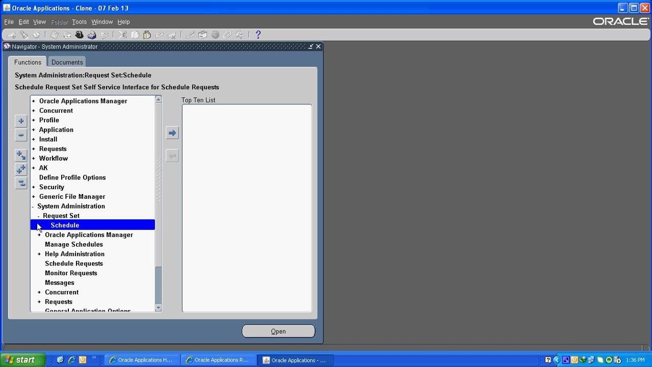 Windows XP desktop showing Oracle-related folders, PDF files, and open Oracle Applications windows in the taskbar.