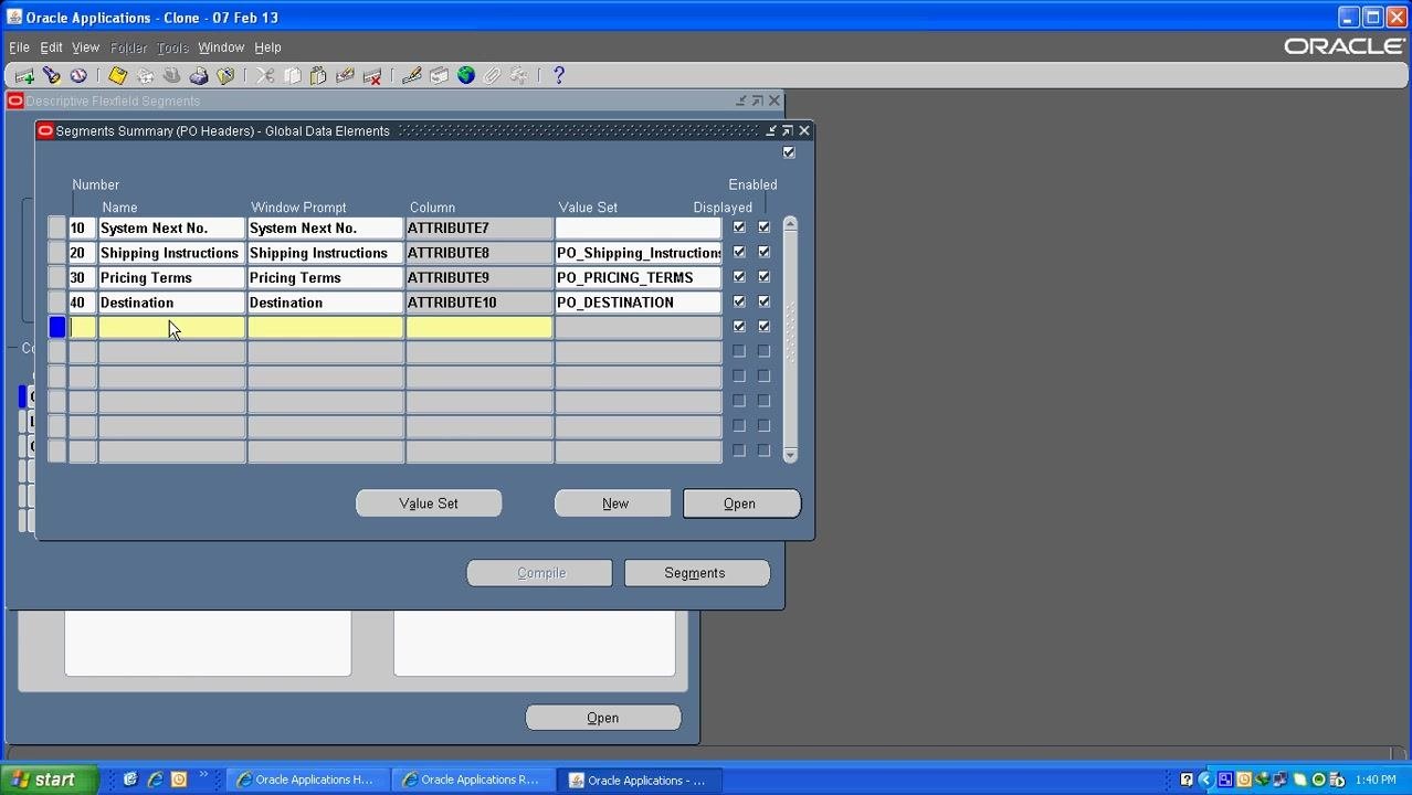Descriptive Flexfield Segments window with Global Data Elements context selected, ready for a new segment.