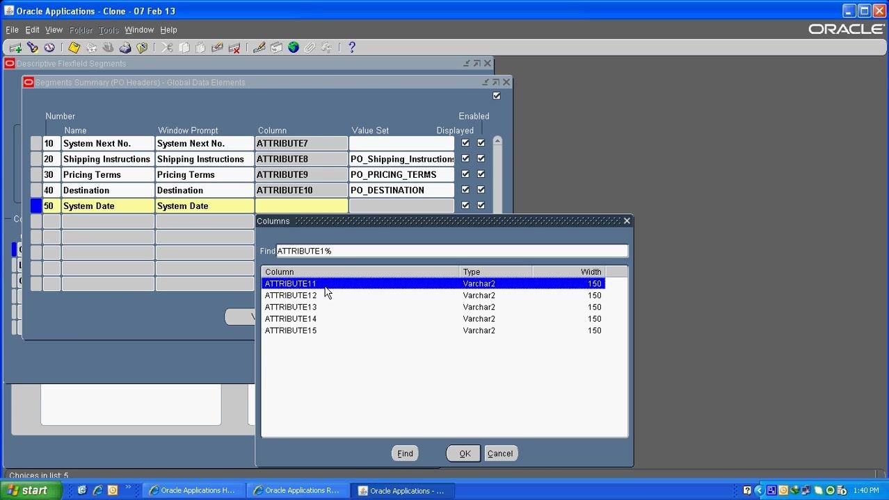 Segments Summary (PO Headers) - Global Data Elements window confirming the System Date segment assigned to ATTRIBUTE11.