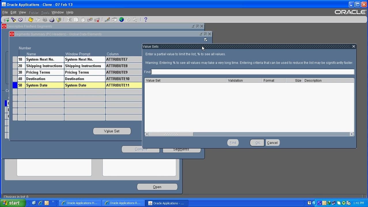Value Sets dialog open for the System Date segment, with the Segments Summary window visible in the background showing ATTRIBUTE11 assigned.