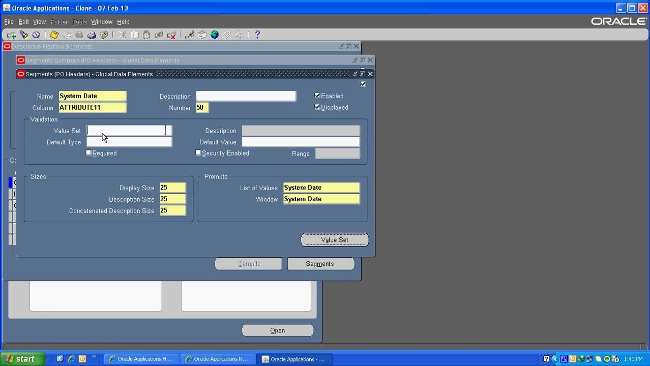System Date segment properties window with all size fields set to 25.
