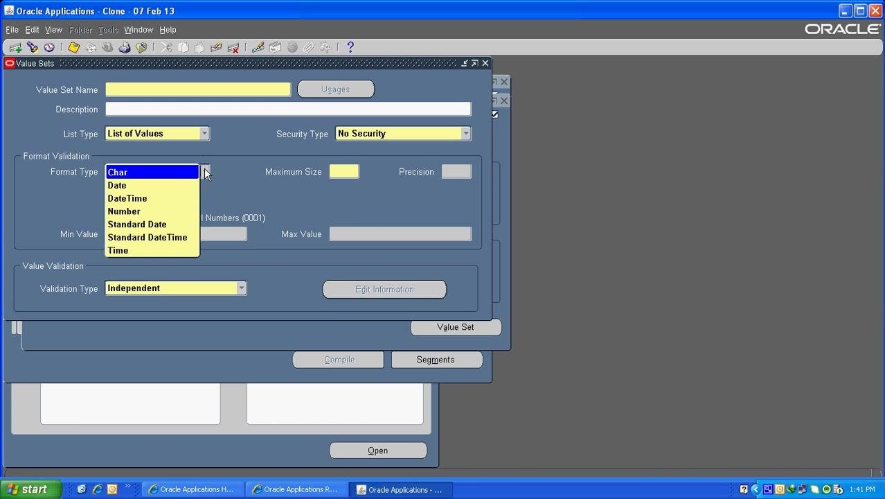 Value Sets window with the Format Type dropdown open, showing options such as Char, Date, DateTime, and Number.