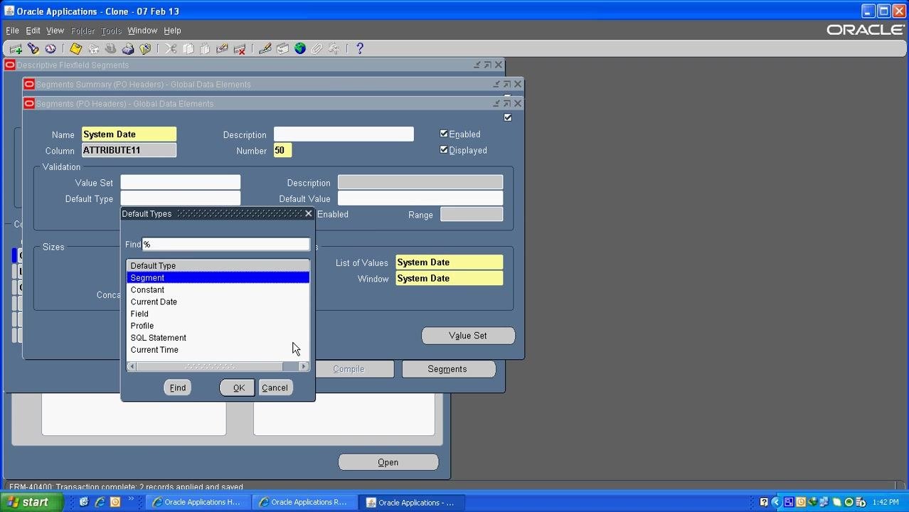 Default Types dialog with options including Segment, Constant, Current Date, Field, Profile, SQL Statement, and Current Time.