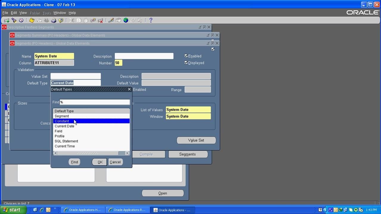 Default Types dialog with "Constant" selected for the System Date segment.