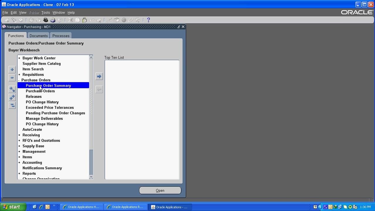 Purchase Order Summary selected under Purchase Orders in the navigation pane.
