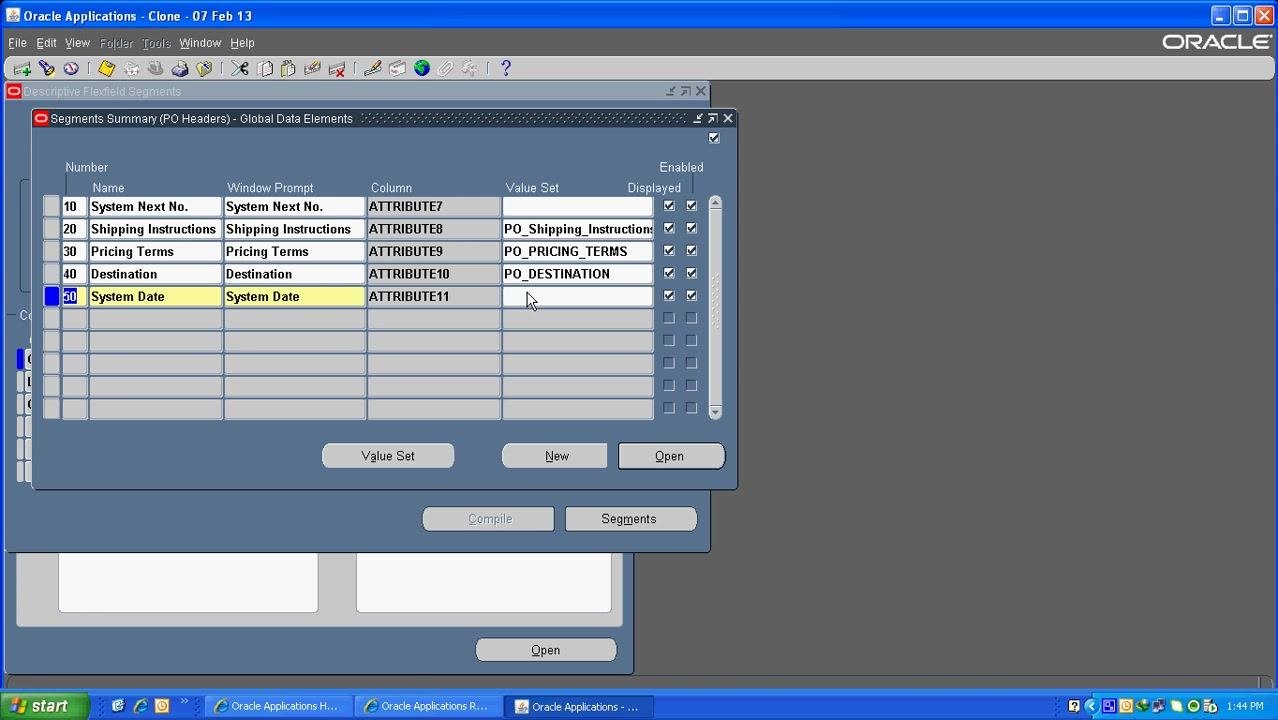 Segments Summary window with System Date highlighted and all Enabled and Displayed checkboxes selected.