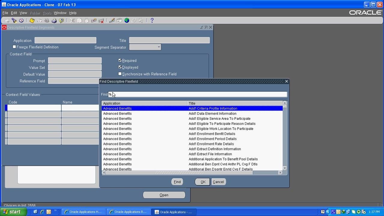 Find Descriptive Flexfield dialog listing applications and titles, including "Advanced Benefits" and "Add'l Criteria Profile Information."
